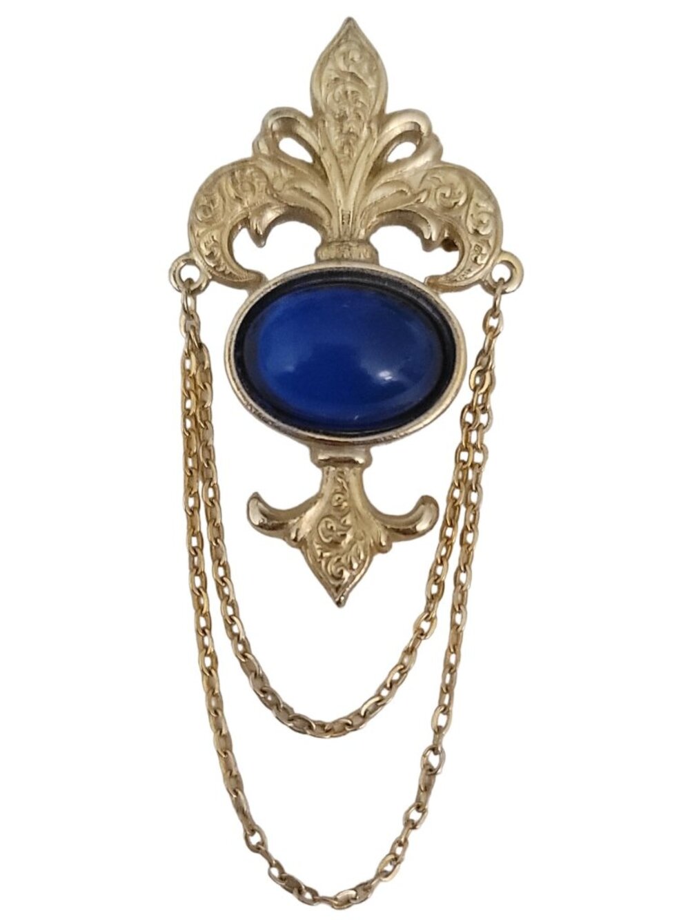 Bergere Gold Tone Blue Lucite Chatelaine Style Fleur de Lis Brooch Pin, Signed